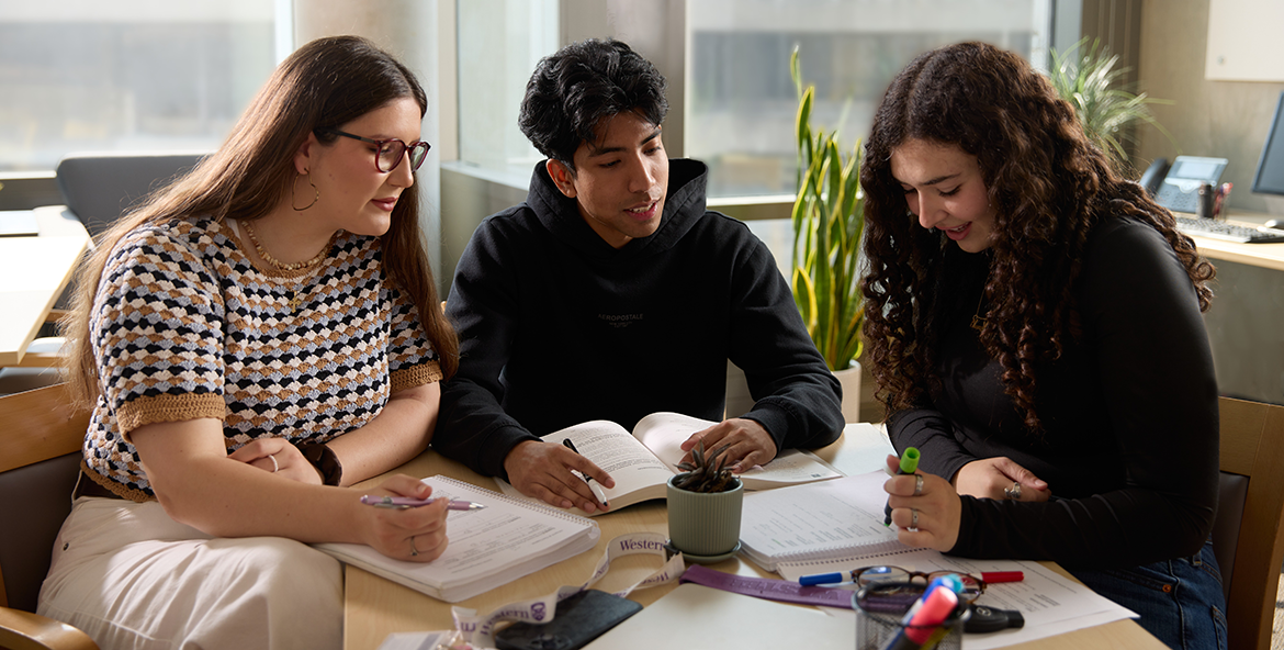 Three students studying at a table in the PAL Centre.
