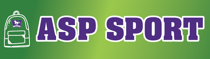 Green background with backpack icon that has Western Mustangs logo on it. Purple text reading ASP Sport