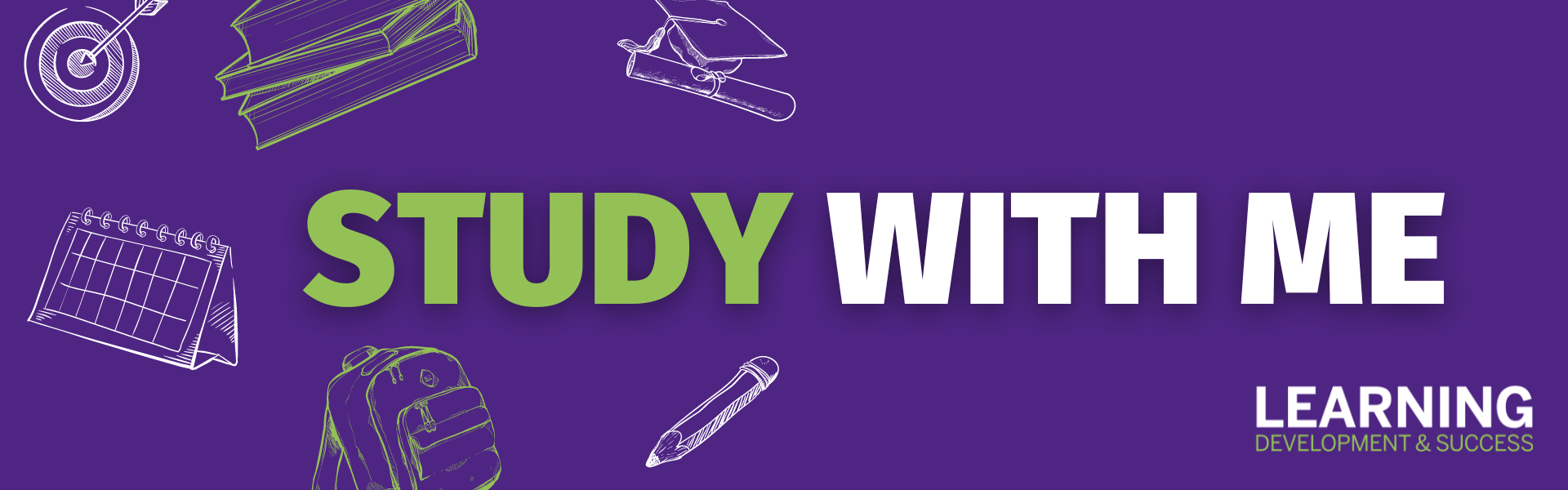 Purple background with various education-related icons sketched in white and green. Text reads Study With Me, Learning Development & Success